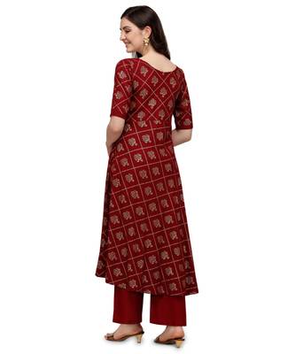 Women's Maroon Viscose Rayon Straight Foil Print Stitched Kurta With Palazzo 2