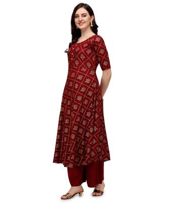Women's Maroon Viscose Rayon Straight Foil Print Stitched Kurta With Palazzo 3