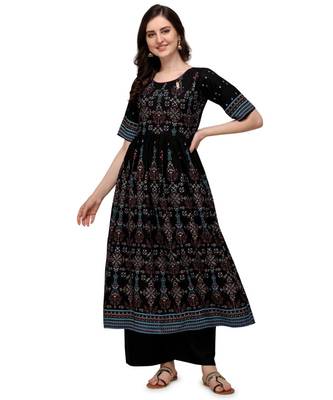 Women's Black Viscose Rayon Anarkali Foil Print Stitched Kurta With Palazzo 1