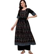 Women's Black Viscose Rayon Anarkali Foil Print Stitched Kurta With Palazzo