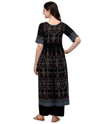 Women's Black Viscose Rayon Anarkali Foil Print Stitched Kurta With Palazzo 2