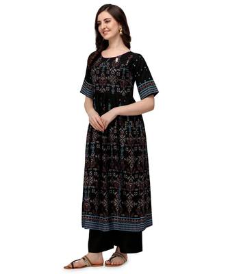 Women's Black Viscose Rayon Anarkali Foil Print Stitched Kurta With Palazzo 3