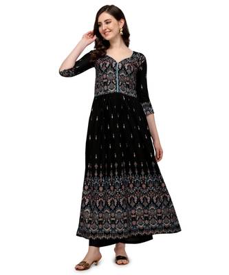 Women's Black Viscose Rayon Anarkali Foil Print Stitched Kurta With Palazzo 1
