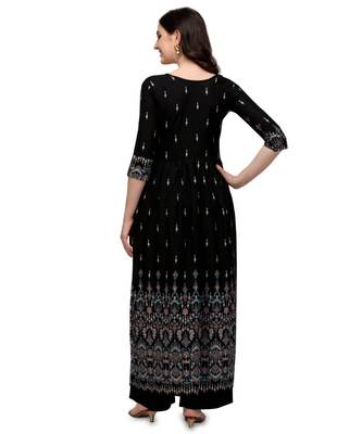 Women's Black Viscose Rayon Anarkali Foil Print Stitched Kurta With Palazzo 2
