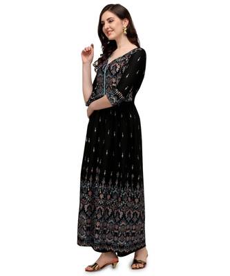 Women's Black Viscose Rayon Anarkali Foil Print Stitched Kurta With Palazzo 3