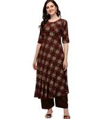 Women's Brown Viscose Rayon Anarkali Foil Print Stitched Kurta With Palazzo