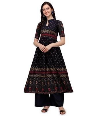 Women's Navy Blue Viscose Rayon Anarkali Foil Print Stitched Kurta With Palazzo 1