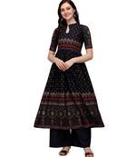 Women's Navy Blue Viscose Rayon Anarkali Foil Print Stitched Kurta With Palazzo