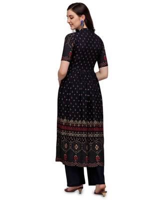 Women's Navy Blue Viscose Rayon Anarkali Foil Print Stitched Kurta With Palazzo 2