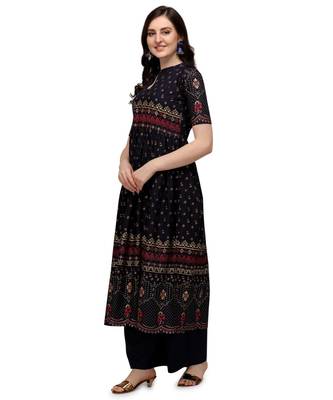 Women's Navy Blue Viscose Rayon Anarkali Foil Print Stitched Kurta With Palazzo 3
