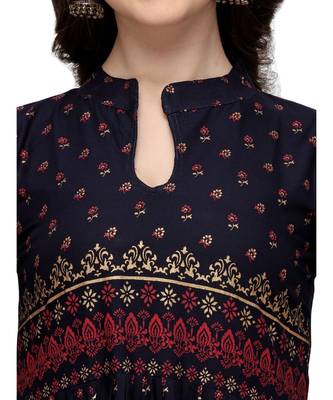 Women's Navy Blue Viscose Rayon Anarkali Foil Print Stitched Kurta With Palazzo 4