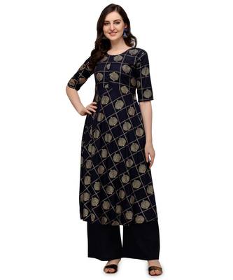 Women's Navy Blue Viscose Rayon Anarkali Foil Print Stitched Kurta With Palazzo 1