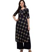 Women's Navy Blue Viscose Rayon Anarkali Foil Print Stitched Kurta With Palazzo