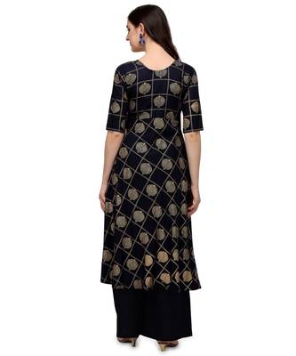 Women's Navy Blue Viscose Rayon Anarkali Foil Print Stitched Kurta With Palazzo 2