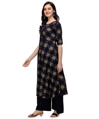Women's Navy Blue Viscose Rayon Anarkali Foil Print Stitched Kurta With Palazzo 3