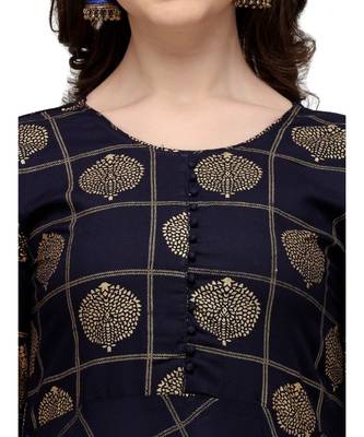 Women's Navy Blue Viscose Rayon Anarkali Foil Print Stitched Kurta With Palazzo 4