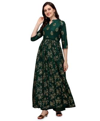 Women's Green Viscose Rayon Anarkali Foil Print Stitched Kurta With Palazzo 1