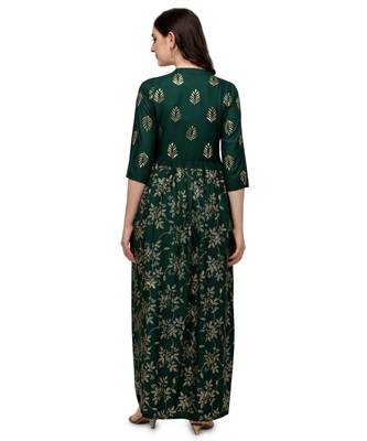 Women's Green Viscose Rayon Anarkali Foil Print Stitched Kurta With Palazzo 2