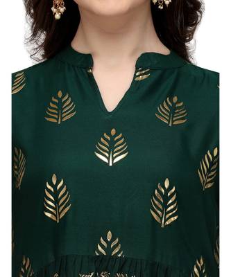Women's Green Viscose Rayon Anarkali Foil Print Stitched Kurta With Palazzo 4