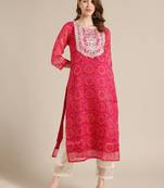 Pink Bandhej Kurta With Zari Embellished Yoke Embroidery And 3/4Th Sleeves
