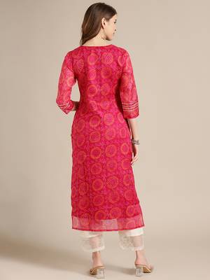 Pink Bandhej Kurta With Zari Embellished Yoke Embroidery And 3/4Th Sleeves 2
