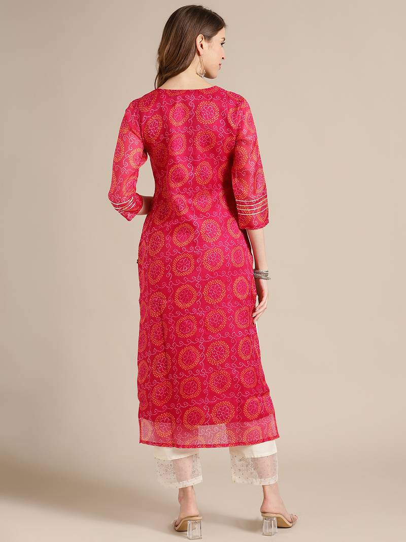 Pink Bandhej Kurta With Zari Embellished Yoke Embroidery And 3/4Th Sleeves