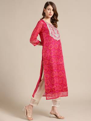Pink Bandhej Kurta With Zari Embellished Yoke Embroidery And 3/4Th Sleeves 3