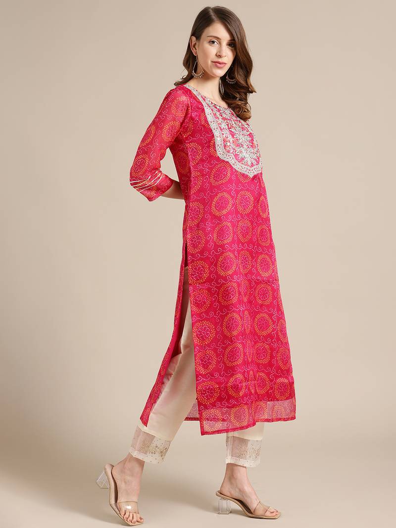 Pink Bandhej Kurta With Zari Embellished Yoke Embroidery And 3/4Th Sleeves