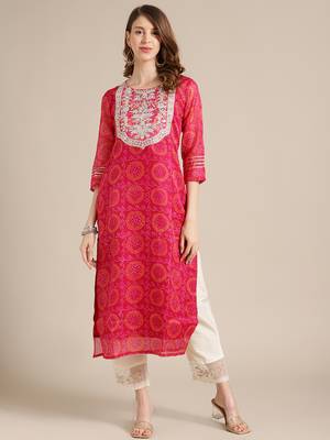 Pink Bandhej Kurta With Zari Embellished Yoke Embroidery And 3/4Th Sleeves 4