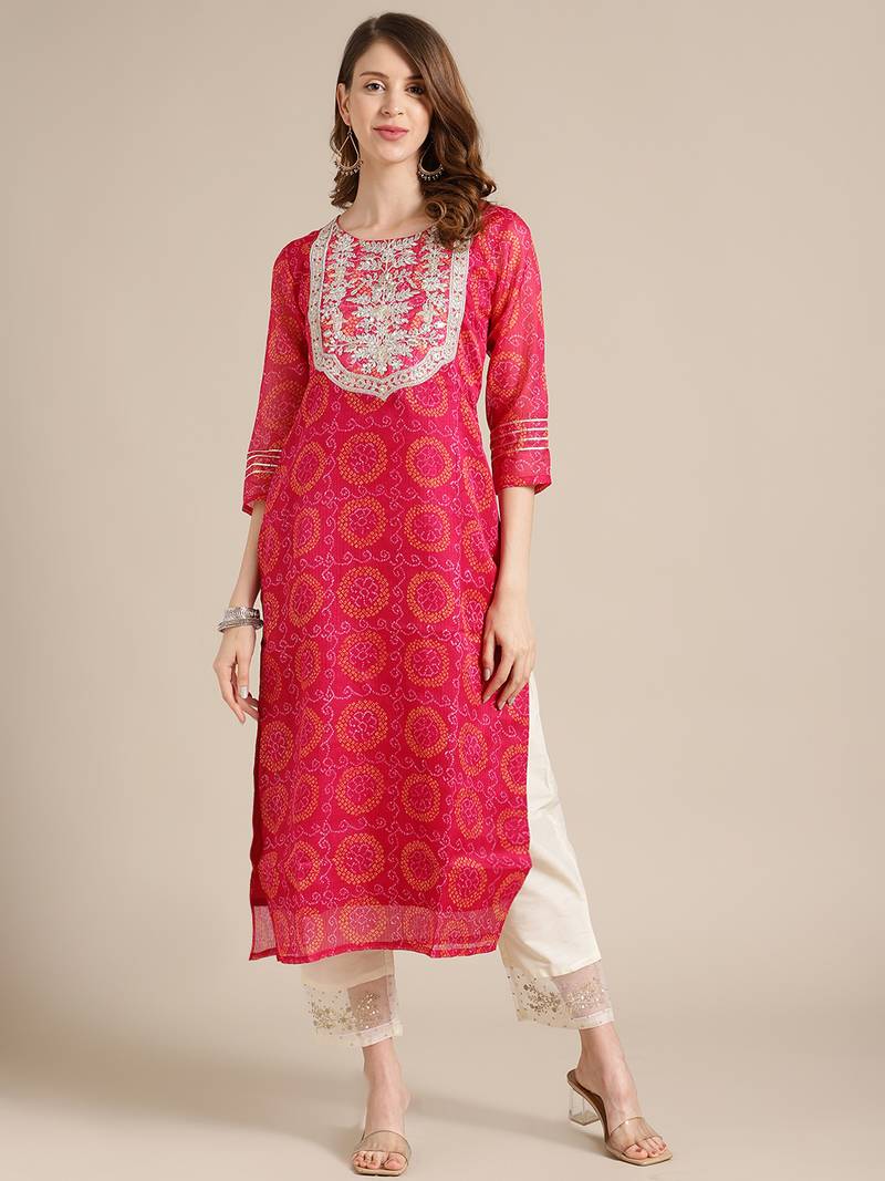 Pink Bandhej Kurta With Zari Embellished Yoke Embroidery And 3/4Th Sleeves