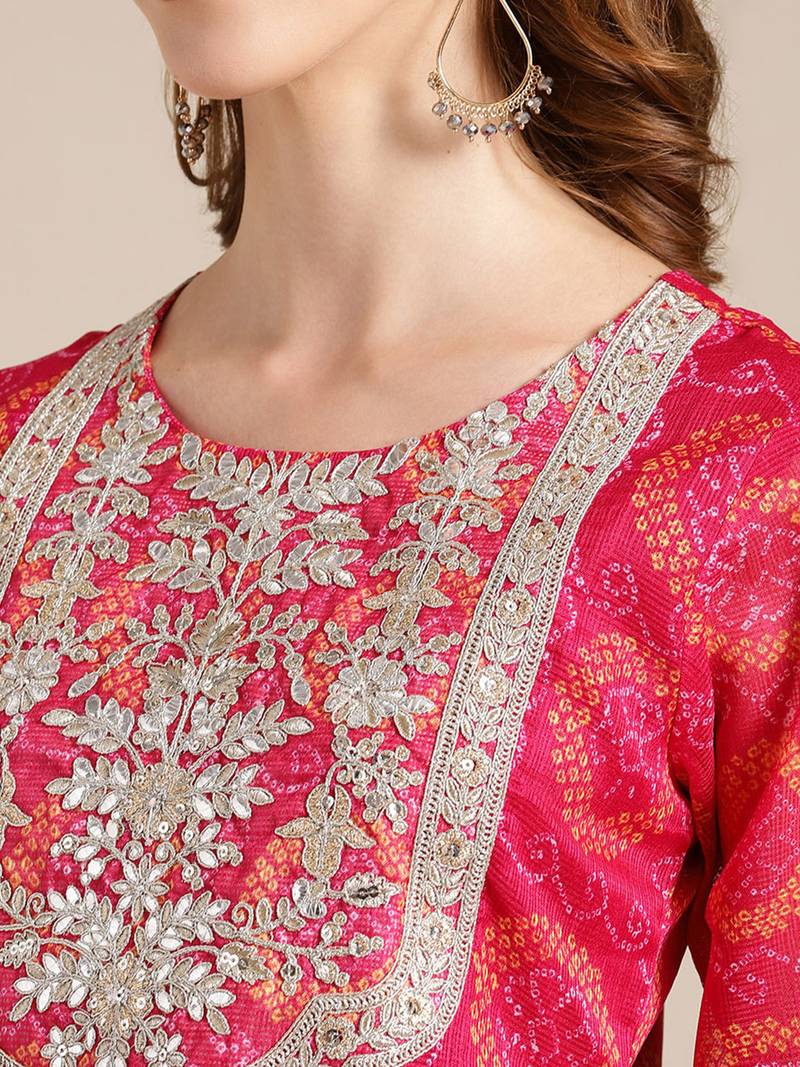 Pink Bandhej Kurta With Zari Embellished Yoke Embroidery And 3/4Th Sleeves
