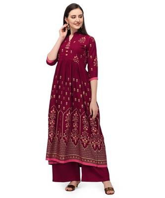 Maroon Rayon Foil Printed Stitched Kurta 1