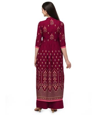 Maroon Rayon Foil Printed Stitched Kurta 2