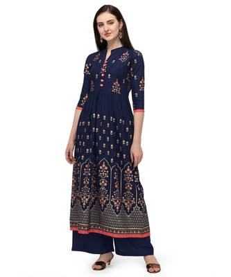 Navy Blue Rayon Foil Printed Stitched Kurta 1