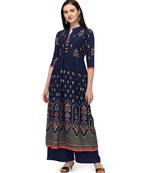 Navy Blue Rayon Foil Printed Stitched Kurta