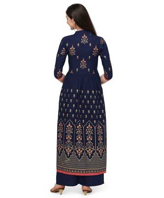 Navy Blue Rayon Foil Printed Stitched Kurta 2
