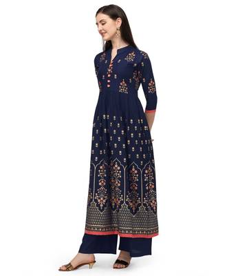 Navy Blue Rayon Foil Printed Stitched Kurta 3