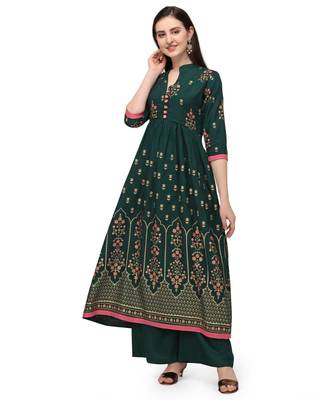 Green Rayon Foil Printed Stitched Kurta 1