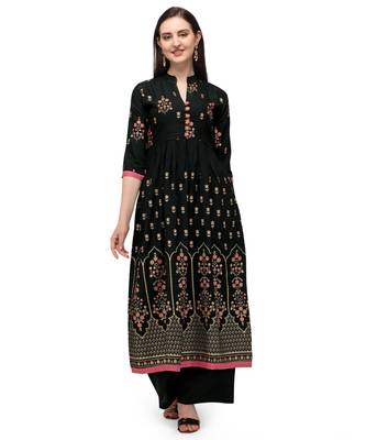 Black Rayon Foil Printed Stitched Kurta 1