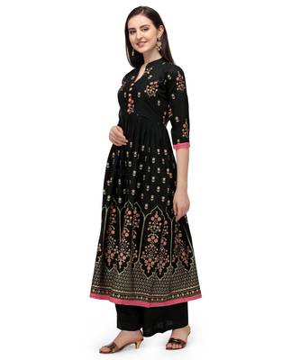 Black Rayon Foil Printed Stitched Kurta 3