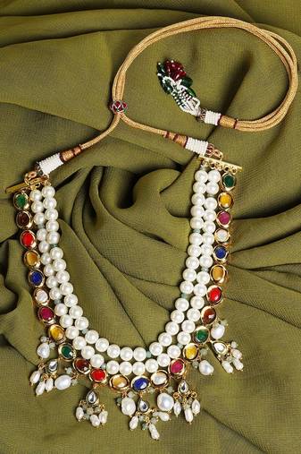Layered Navratna White and Gold Necklace
