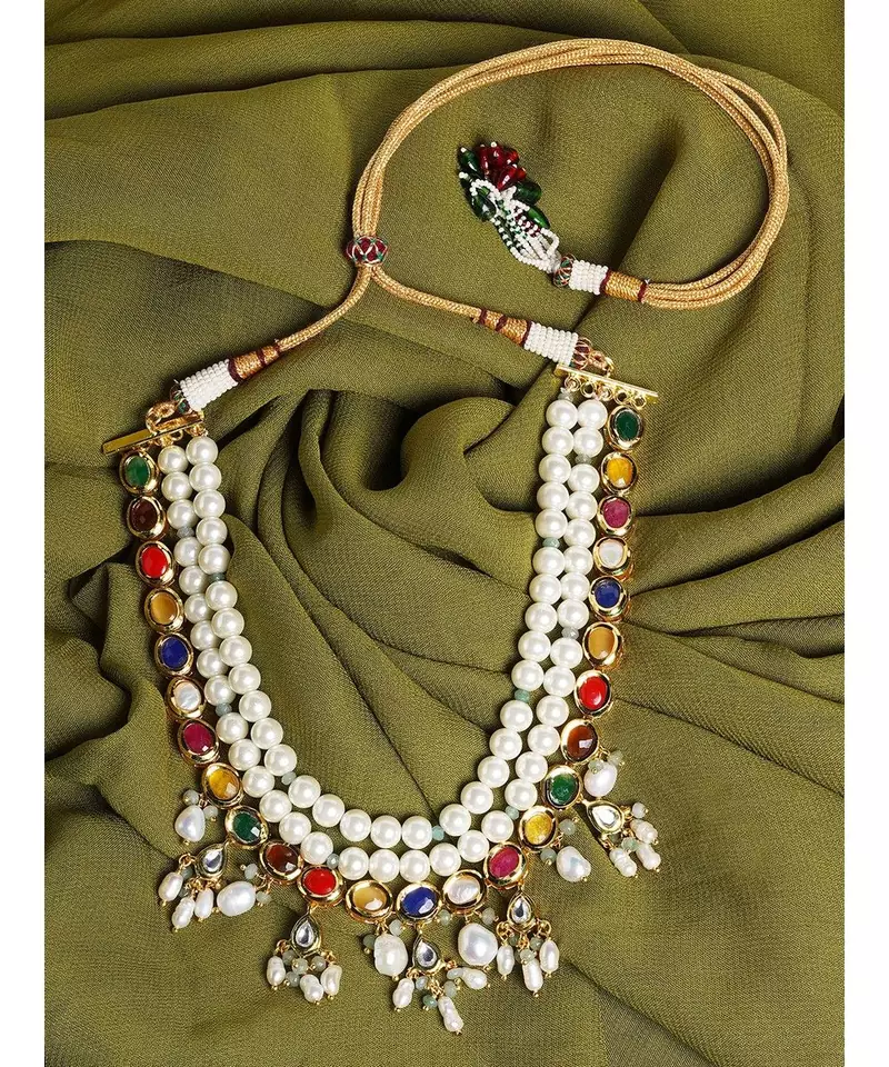 Layered Navratna White and Gold Necklace
