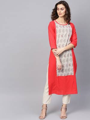 Red Cotton printed QUARTER SLEEVE kurti 1