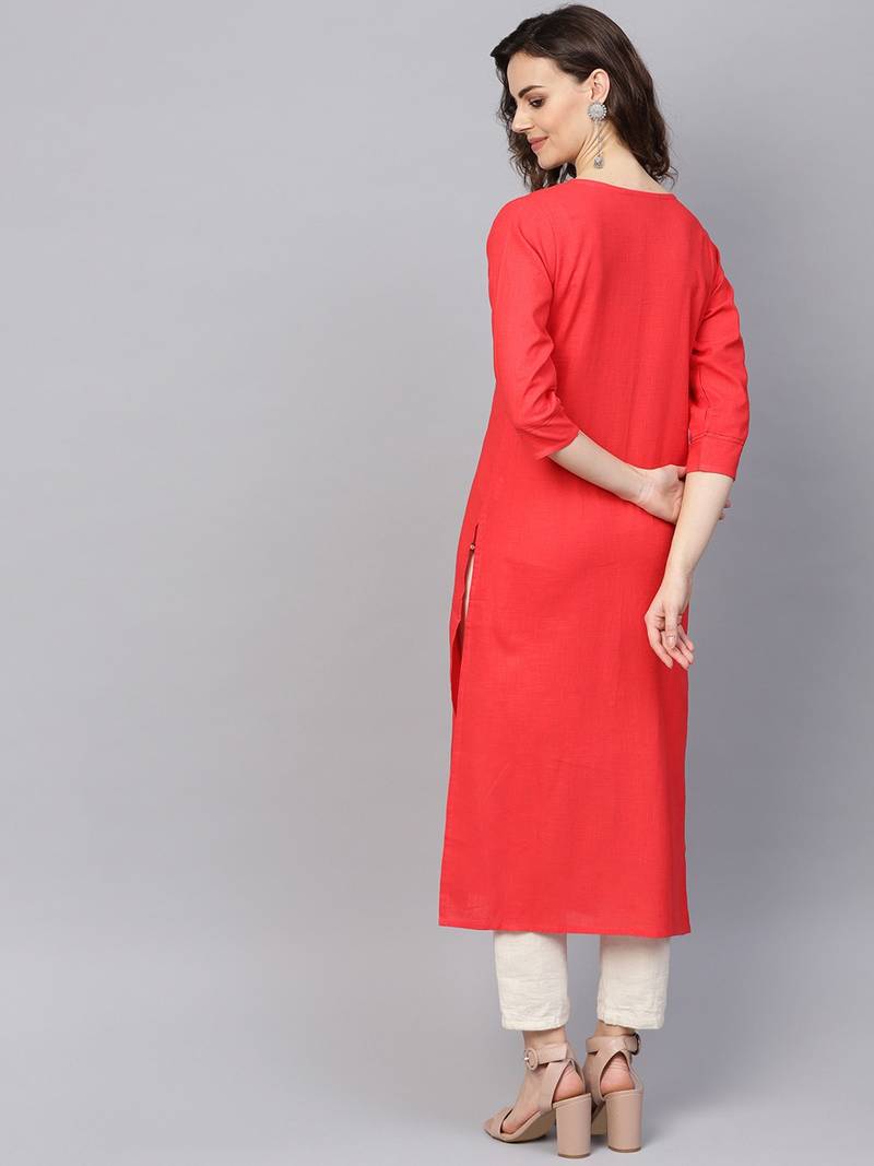 Red Cotton printed QUARTER SLEEVE kurti