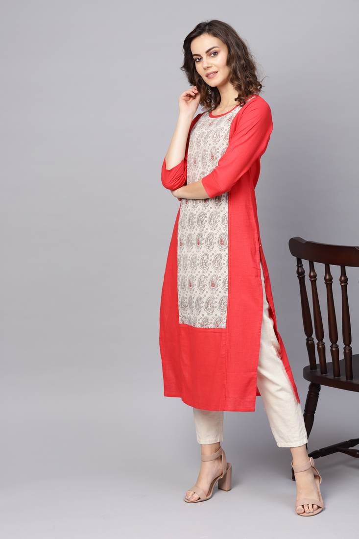 Red Cotton printed QUARTER SLEEVE kurti