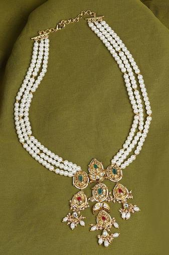 Red Onyx White and Gold Pearl Necklace