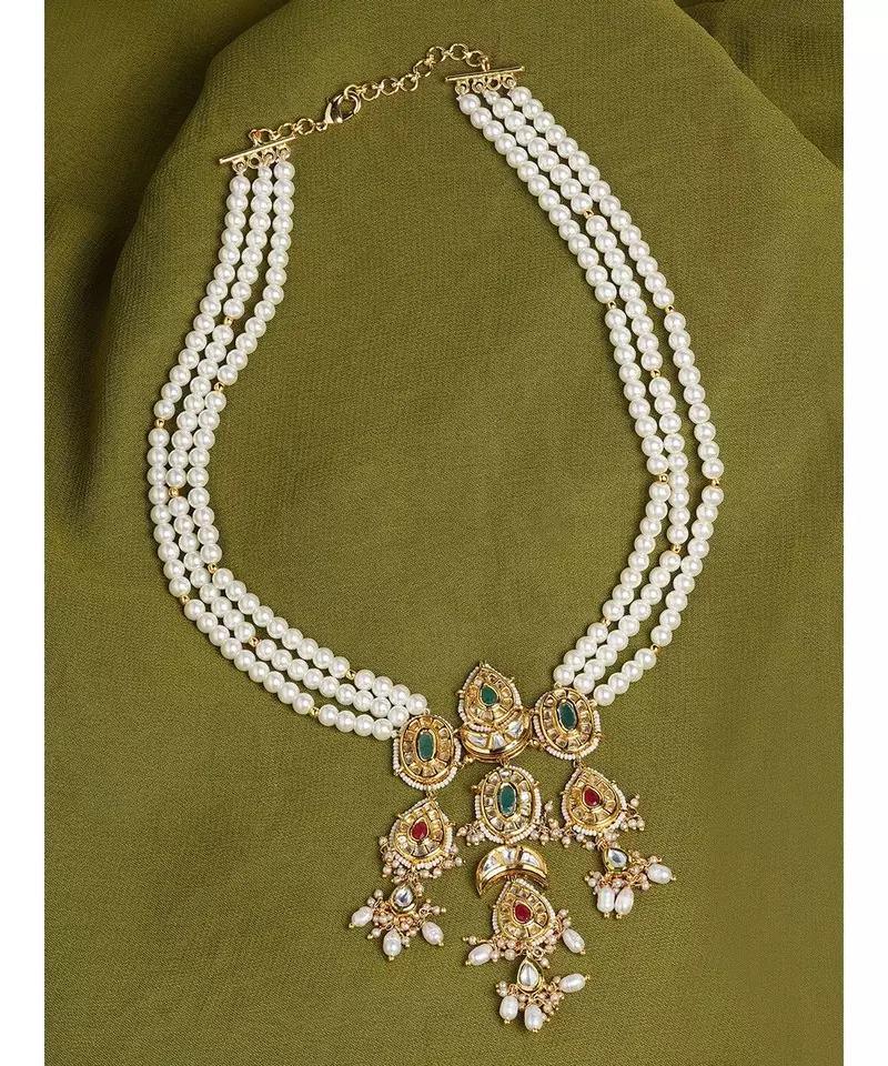 Red Onyx White and Gold Pearl Necklace
