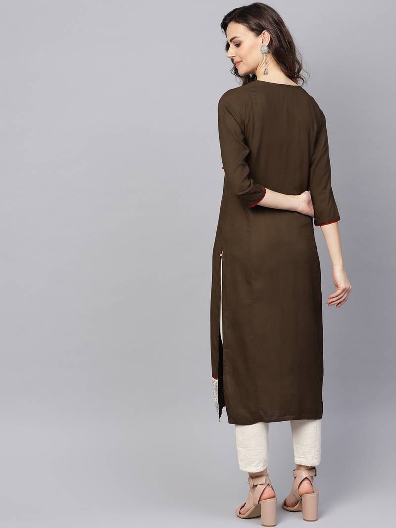 Brown Rayon printed QUARTER SLEEVE kurti