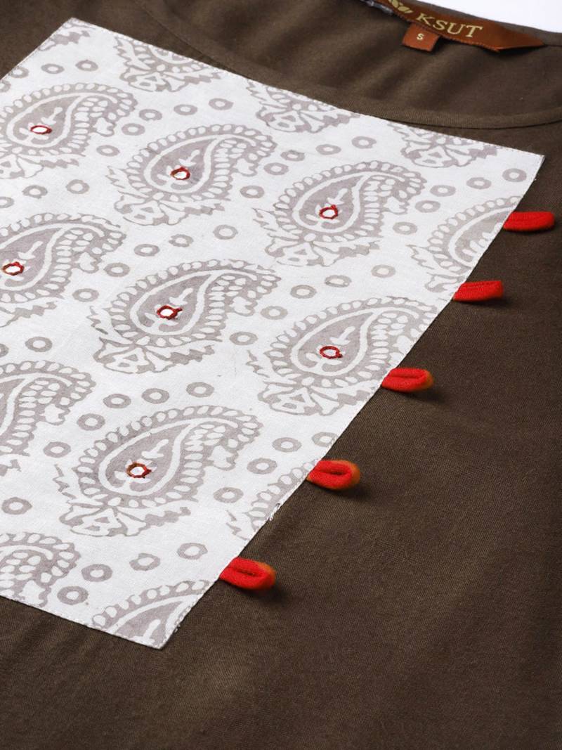 Brown Rayon printed QUARTER SLEEVE kurti