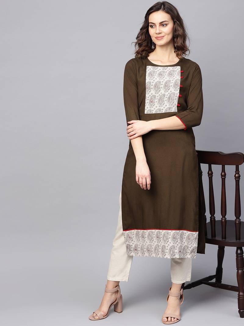 Brown Rayon printed QUARTER SLEEVE kurti